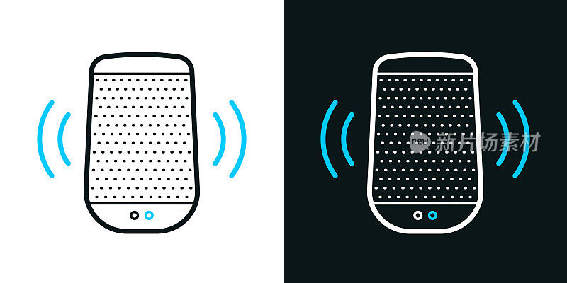 智能扬声器-语音助手。黑色或白色背景上的双色线条图标-可编辑笔触