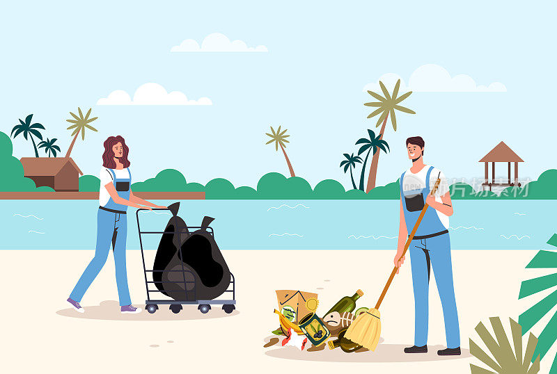 人们清洁海滩清理垃圾垃圾海洋垃圾的概念。矢量图形设计插图