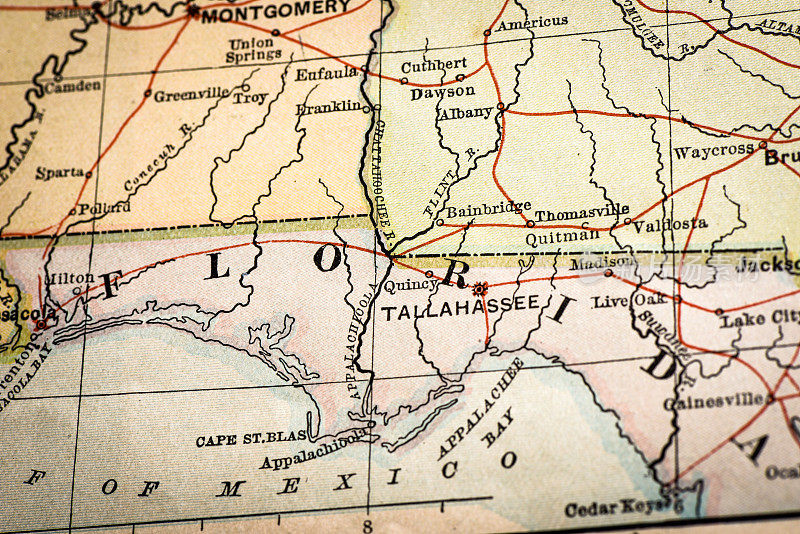 古董地图集地图宏观特写:佛罗里达州