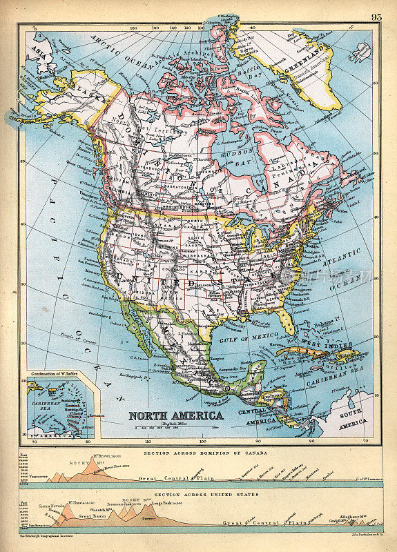 北美旧地图，加拿大和美国的横截面，19世纪90年代