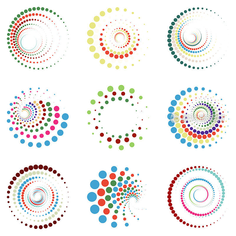 矢量辐射颜色半色调点图案漩涡环符号集合