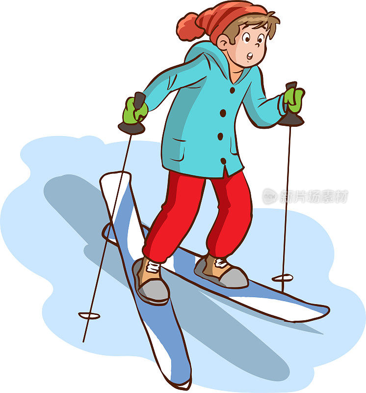 小孩子滑雪平面矢量插图。冬天的假期。活跃户外消遣、运动休闲、季节性娱乐