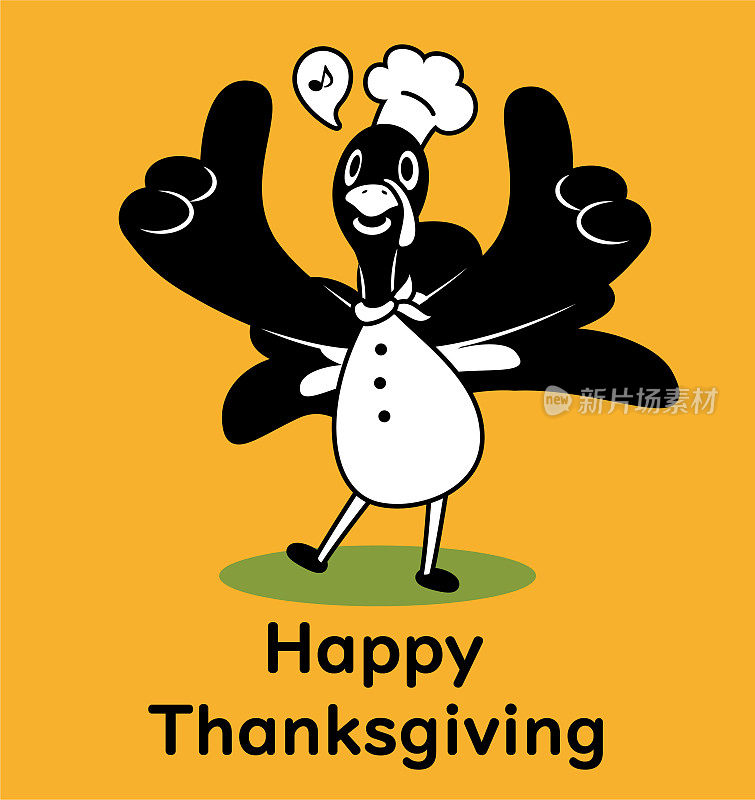 可爱的单色设计，一只火鸡戴着厨师帽，为感恩节竖起大拇指