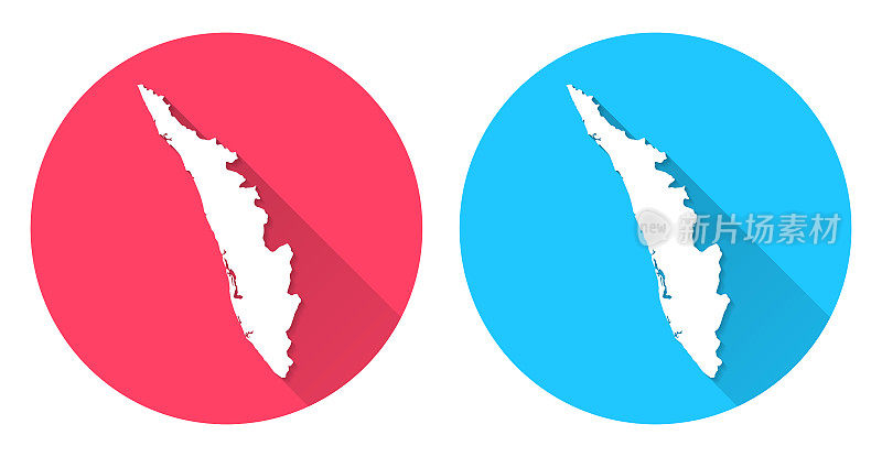 喀拉拉邦的地图。圆形图标与长阴影在红色或蓝色的背景