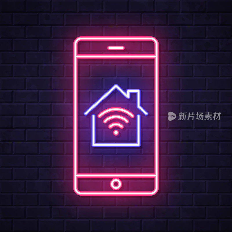 智能手机和智能家居。在砖墙背景上发光的霓虹灯图标