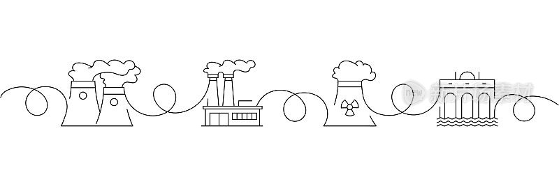 连续的一条线绘制重型和电力工业图标概念。单线矢量插图。采购产品发电厂，工厂，核电厂，水力发电。