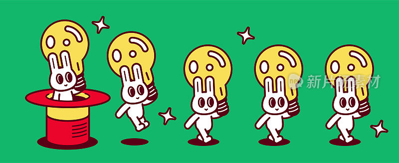 一群可爱的兔子，每个都带着一个大创意灯泡，不断地从一顶魔法帽子里跳出来，沿着一条直线走