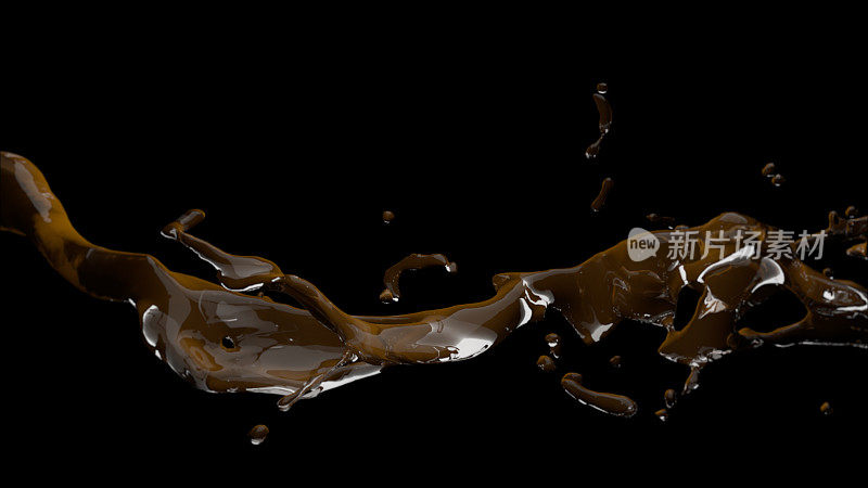 一股融化的巧克力倒在黑色背景的3d插图上