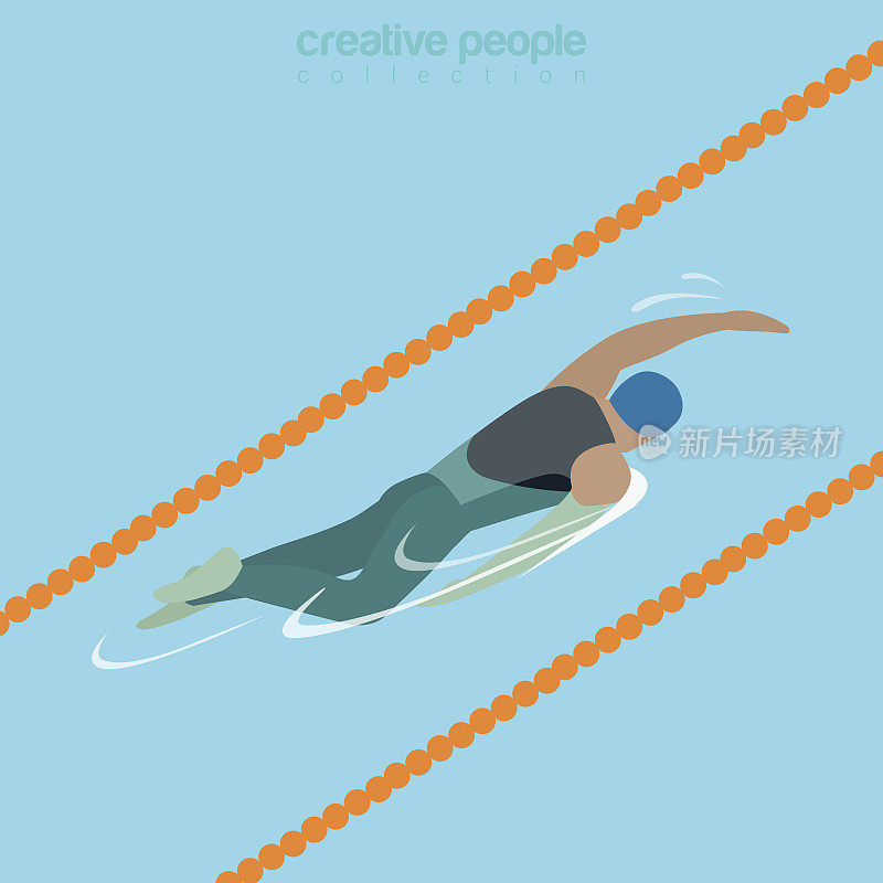 平面等距男性游泳运动员在泳道游泳爬泳风格矢量插图。运动员三维等距图像。夏季国际竞赛概念。