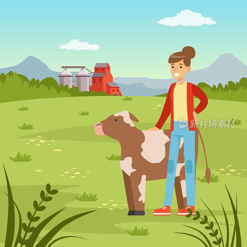 农妇与牛站在一起，农业与农作，乡村景观矢量插画