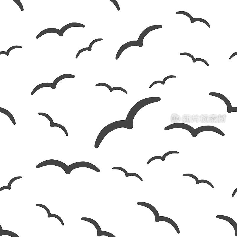 飞禽无缝图案背景图标。商业平面矢量插图。飞翔的海鸥标志符号图案。