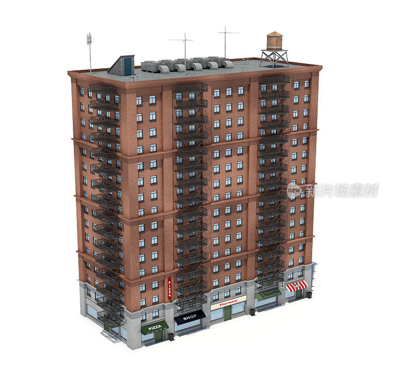 红砖公寓楼的3d渲染，一楼有防火梯和商店