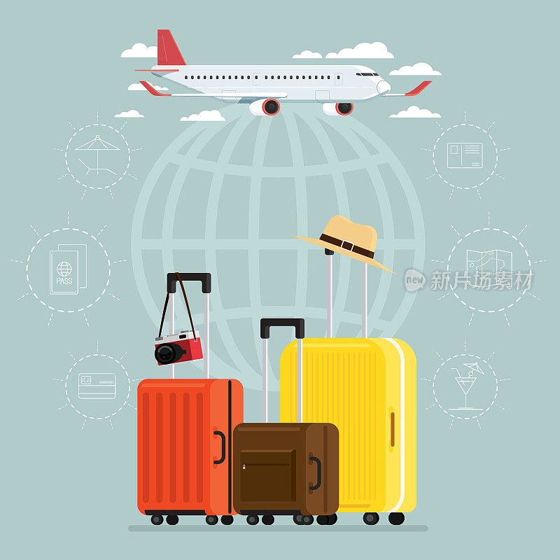 飞机和出发旅行天空和旅行手提箱，矢量插图