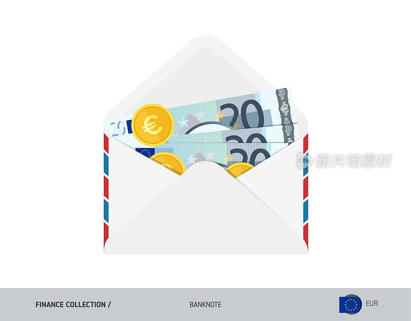 20欧元钞票。装着现金的扁平式信封。欧元纸币和硬币。工资支付或腐败的概念。