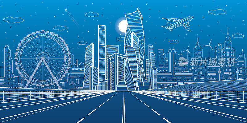 宽阔的公路。城市基础设施插图，未来城市背景，现代建筑。飞机飞行。蓝色背景上的白线，夜景，矢量设计艺术