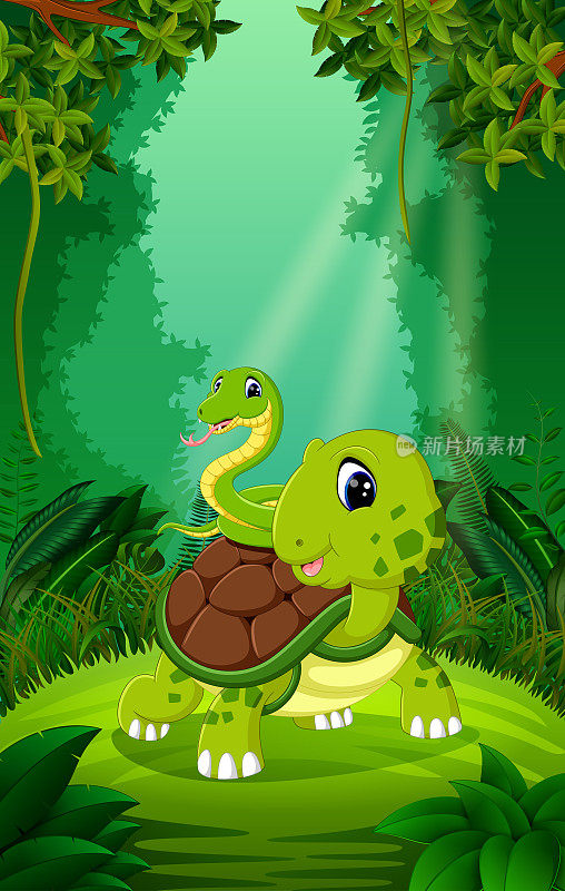 乌龟和蛇在清澈绿色的森林里