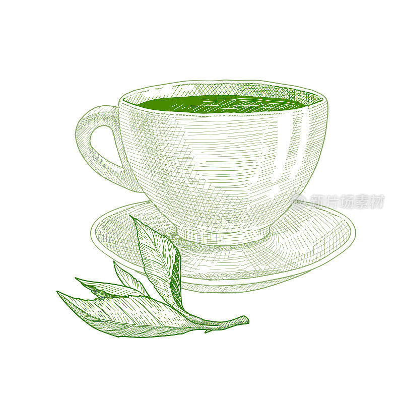 用绿茶和茶叶制成的茶杯。