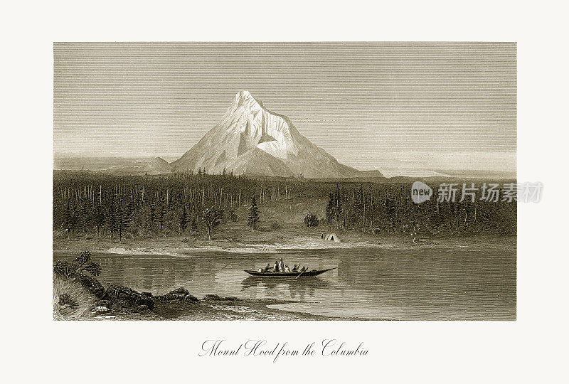 美国俄勒冈州哥伦比亚河上的胡德山，美国维多利亚版画，1872年