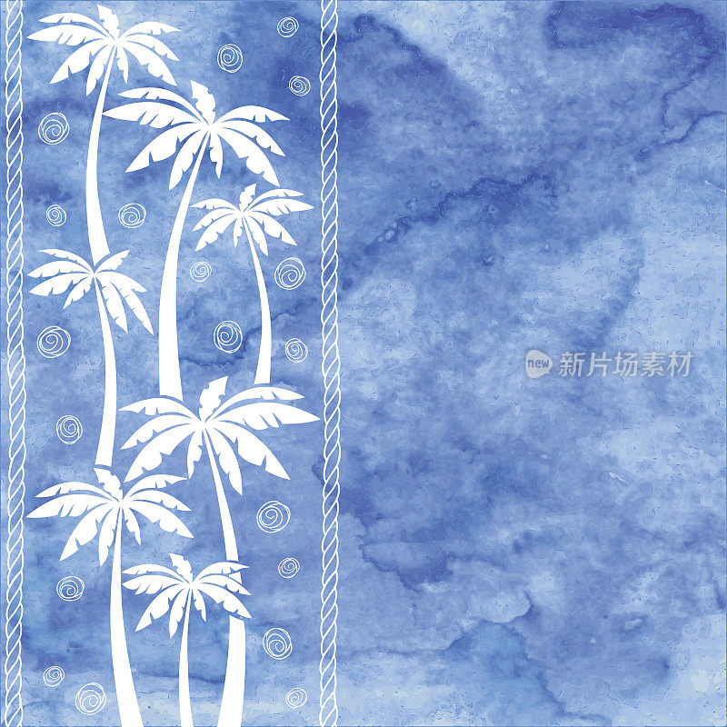 矢量背景与棕榈树在蓝色水彩背景。