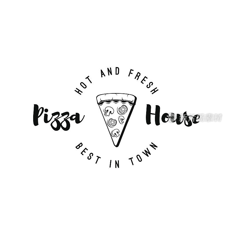 披萨的房子。意大利食品标签。徽章披萨店。设计元素的向量