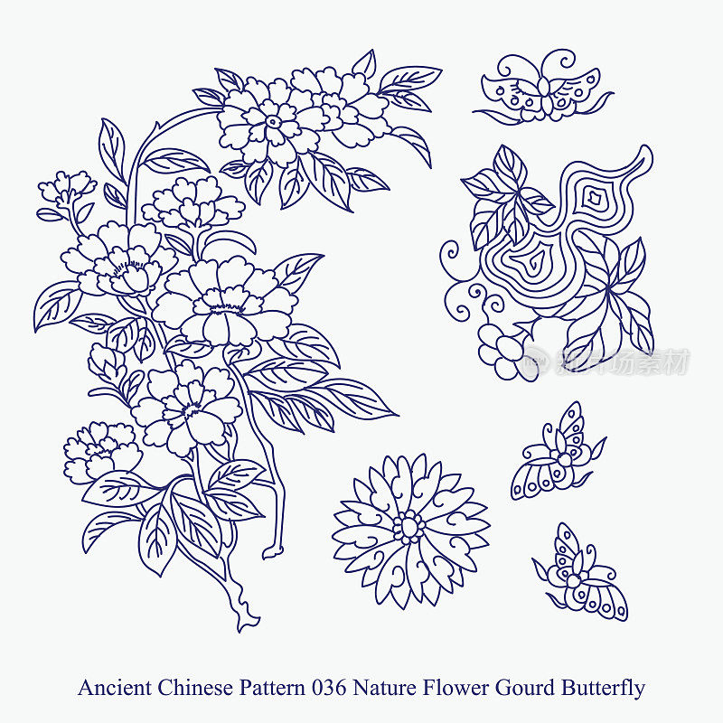 中国古代自然花卉葫芦蝴蝶图案