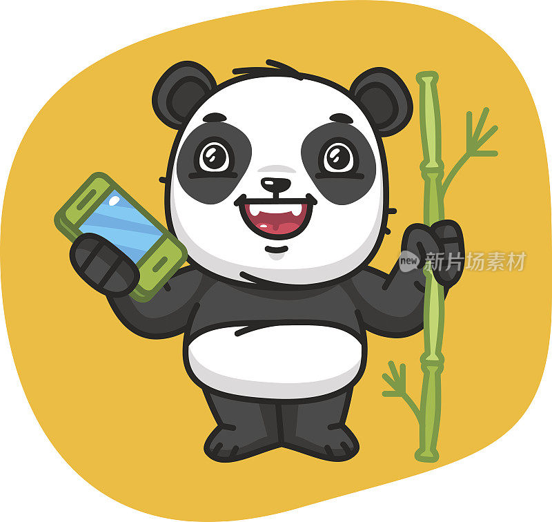 熊猫拿着竹子和手机