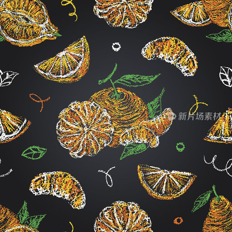 明尼奥拉+橘子手绘柑橘无缝图案在黑板上