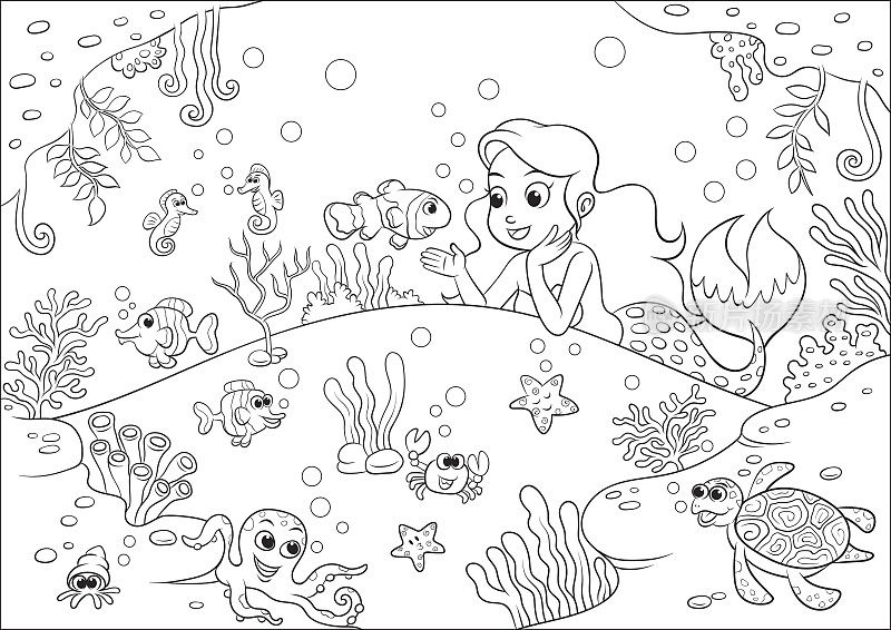 可爱的卡通美人鱼水下世界的涂色书