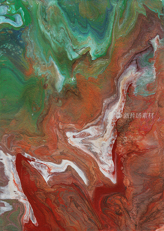 玛瑙质地。红色和绿色大理石花纹。压克力倒液艺术。背景图案设计。地球表面。