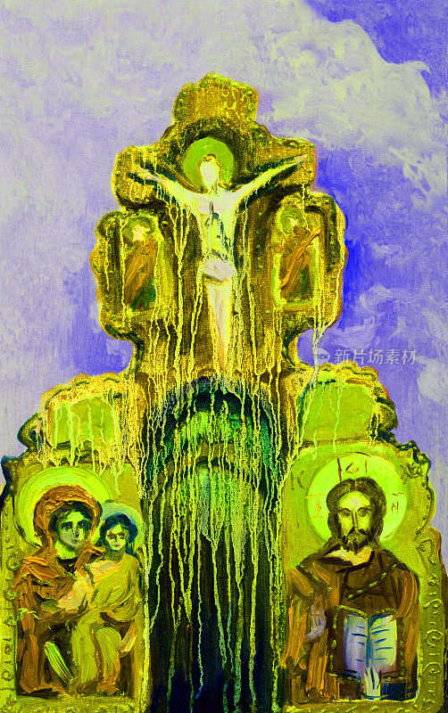 时尚的插图现代艺术作品寓言神圣的宗教画壁画我的原始画正统的偶像油画在画布上垂直的形象耶稣基督，圣母和上帝的十字架