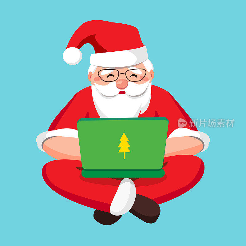 圣诞老人拿着一台笔记本电脑，认真地回复收到的信件和礼物祝福，并接收邮件。圣诞老人编程代码，放松地盘腿坐着与世隔绝。矢量插图。
