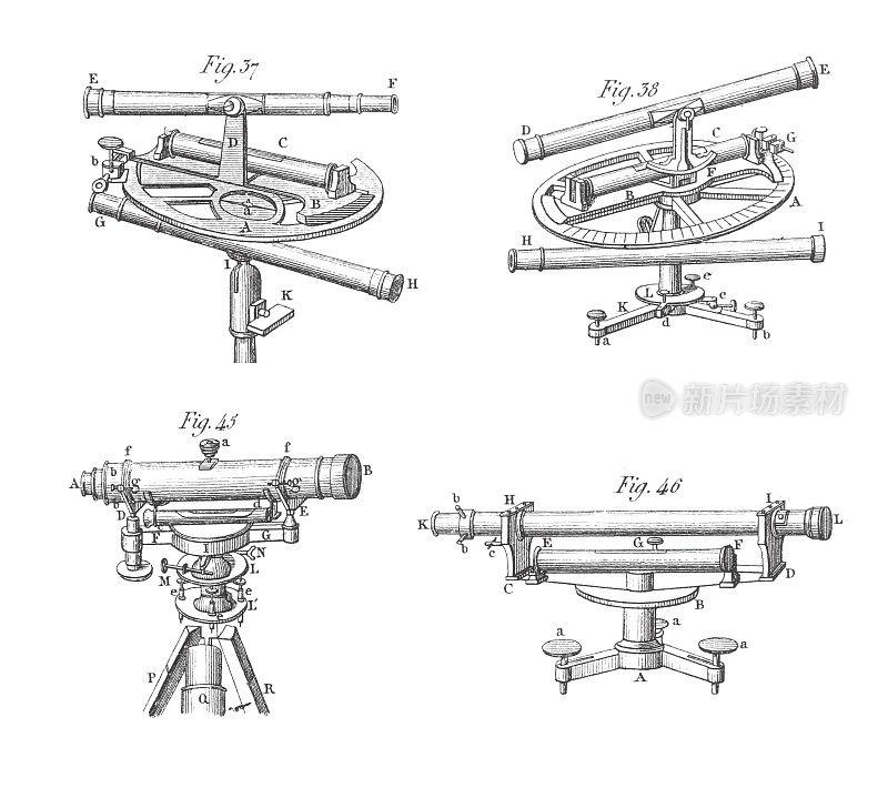 Graphometer，经纬仪，Compass和水准望远镜，数学和测量仪器雕刻古董插图，出版1851年