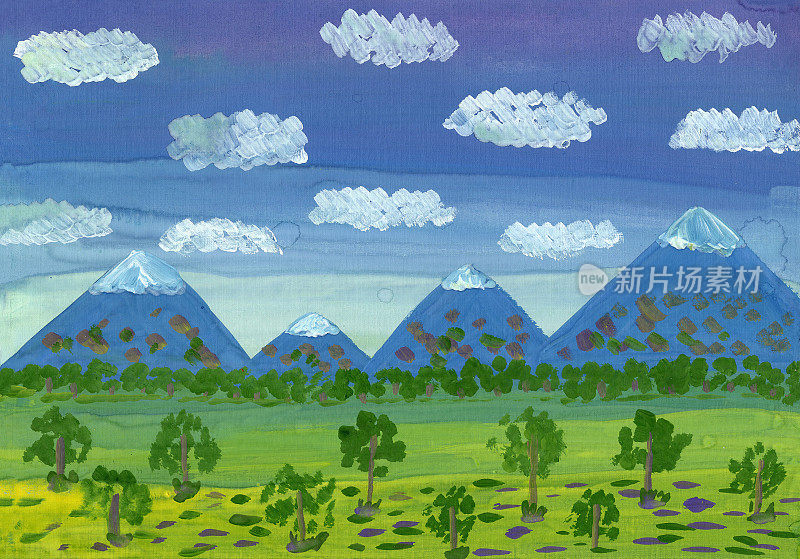 风景水粉画素描插图山背景绿草蓝天白云树木森林夏天