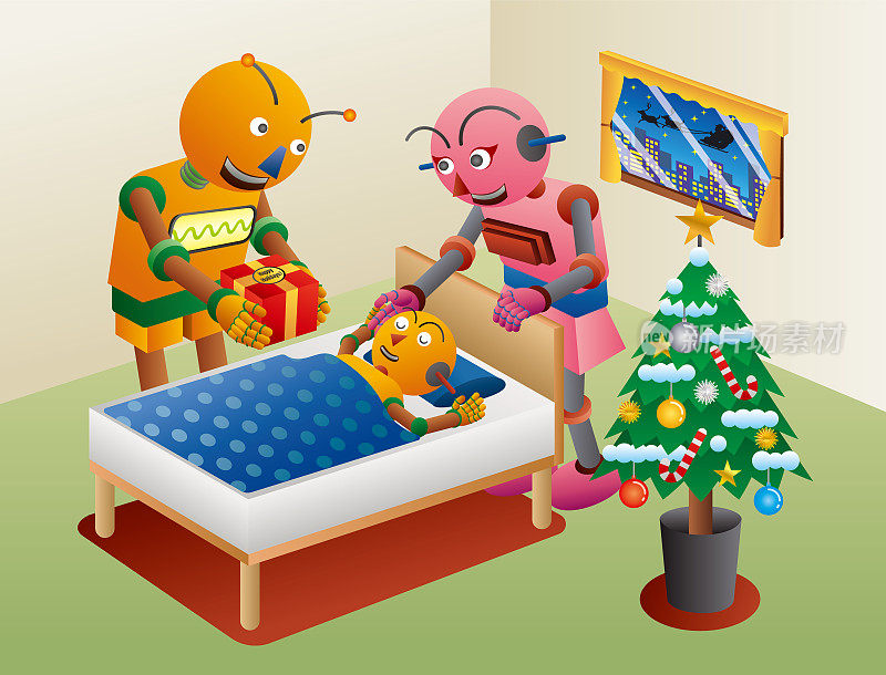 圣诞快乐，节日快乐!机器人爸爸和机器人妈妈给机器人孩子送圣诞礼物。