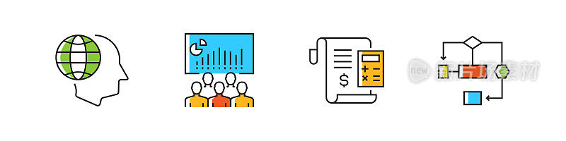 与业务相关的矢量直线图标。大纲符号集合。
