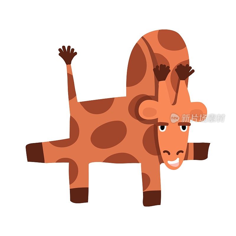 有趣的长颈鹿跳舞和微笑。它的皮肤上覆盖着棕色的斑点，它的尾巴向上突出，它的爪子前后看。儿童书籍插图，网站设计，卡片
