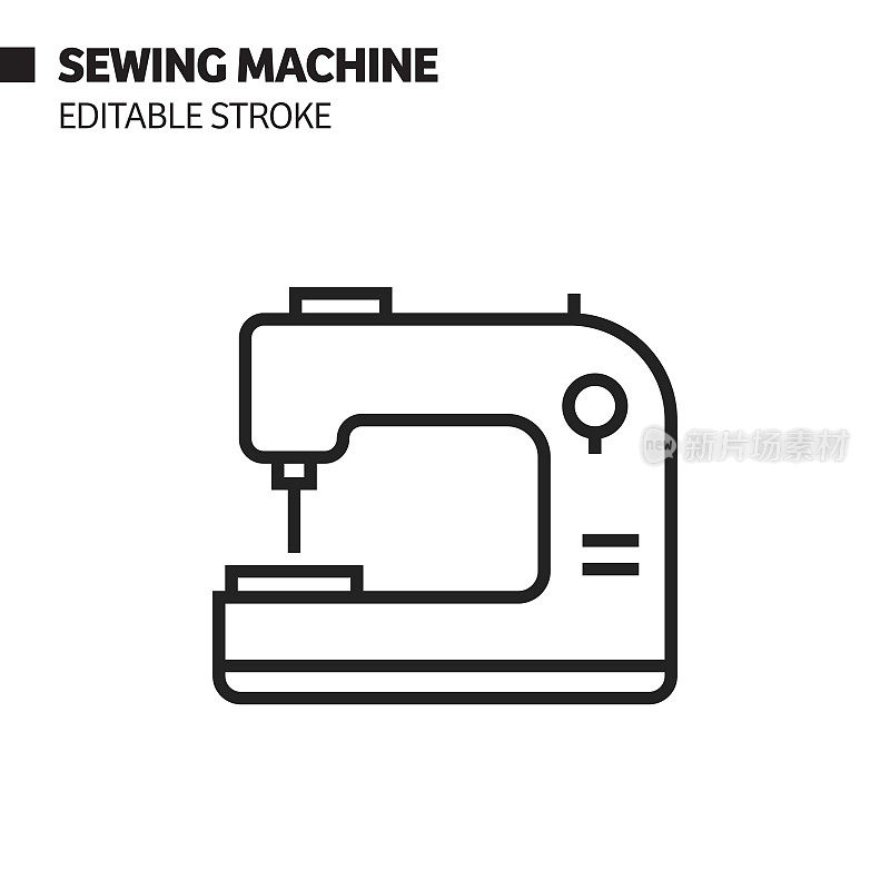 缝纫机线图标,轮廓向量符号插图。完美像素,可编辑的描边。