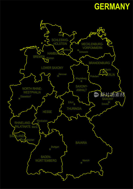 黑色背景下的德国霓虹灯地图