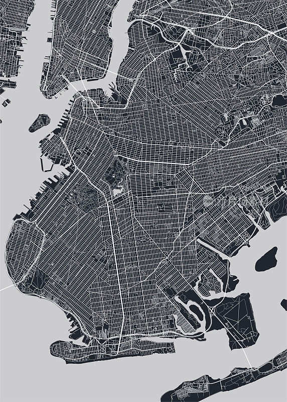 纽约市布鲁克林区的详细地图，单色矢量海报或明信片城市街道平面图鸟瞰图