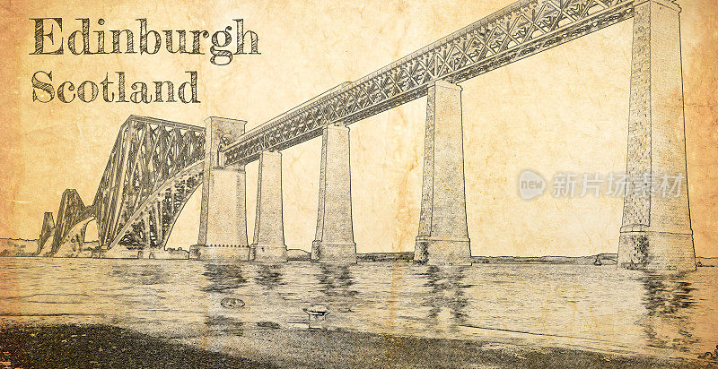 爱丁堡的铁路桥，旧纸上的素描
