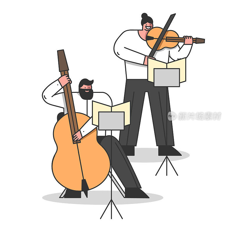 交响乐团，古典音乐概念。音乐家演奏低音和小提琴。音乐艺术家在戏剧中通过观察乐谱来创作。卡通线性轮廓平面矢量插图