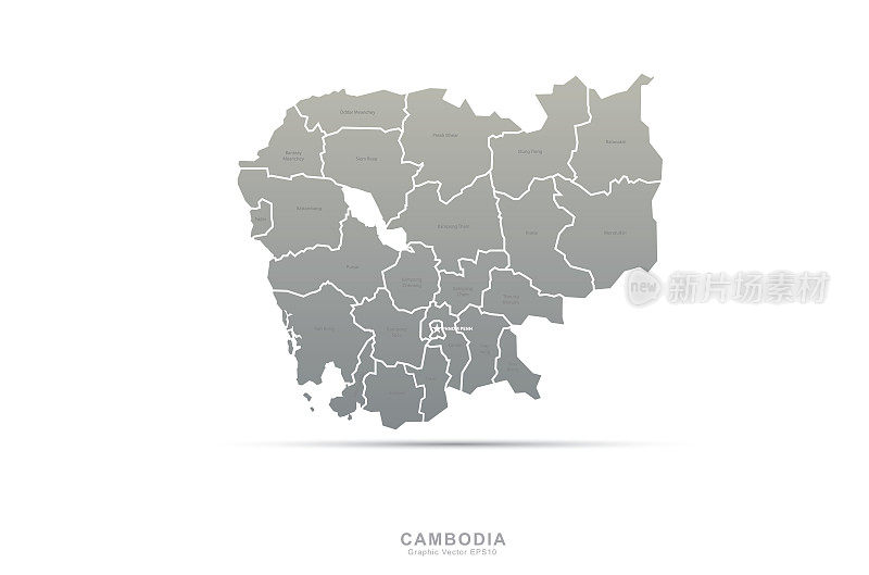 柬埔寨地图。亚洲国家柬埔寨的矢量地图