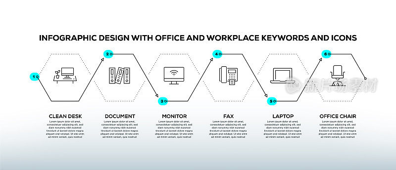 信息图表设计模板与办公室和工作场所的关键字和图标