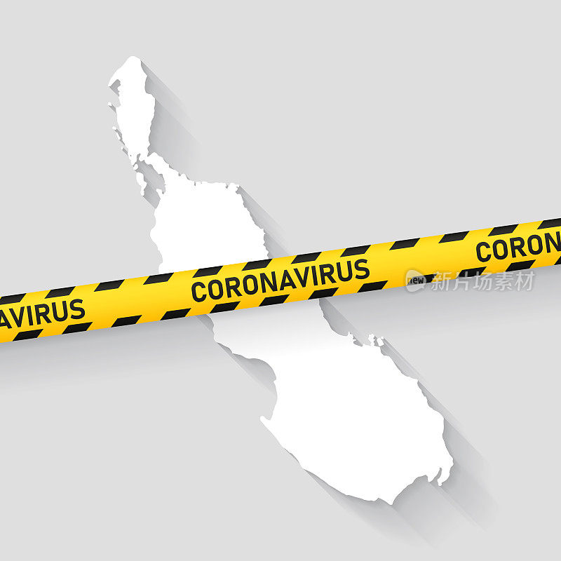 带冠状病毒警告胶带的布干维尔地图。Covid-19爆发