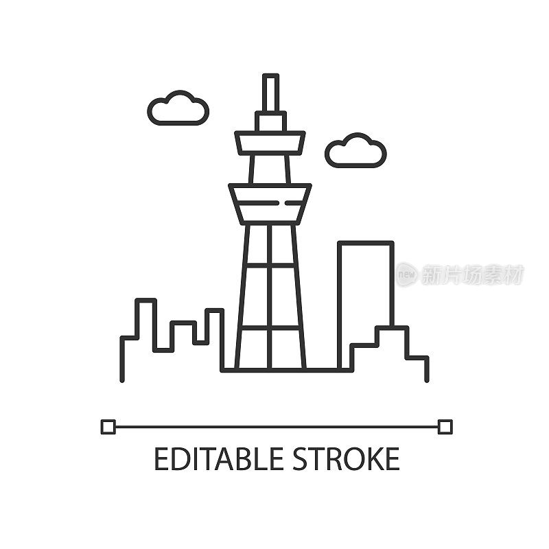 摩天大楼像素完美的线性图标。城市的城市。东京的了望塔。商业区。细线可定制的插图。轮廓的象征。矢量孤立轮廓绘制。可编辑的中风
