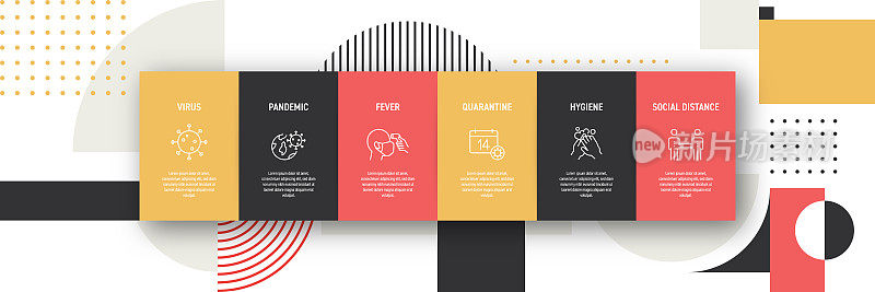 新型冠状病毒相关流程信息图设计与线图标。简单的轮廓符号图标。最小抽象背景