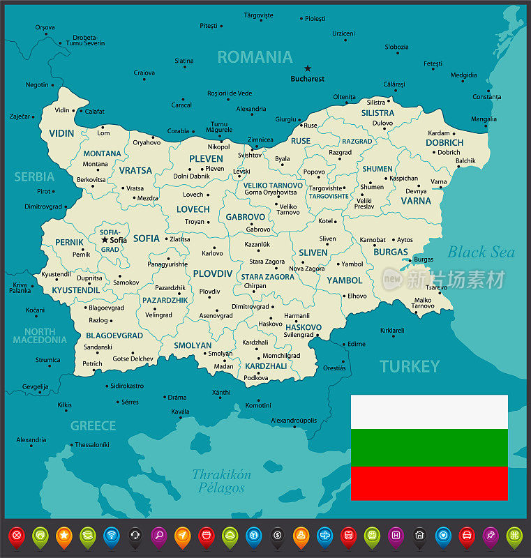 保加利亚的地图。政治地图与地区，国旗，地理边界的土耳其，希腊，罗马尼亚和塞尔维亚