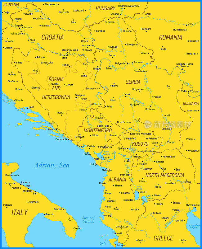 中巴尔干地区地图与意大利，希腊，罗马尼亚，黑山，塞尔维亚，北马其顿，克罗地亚和河流，首都城市