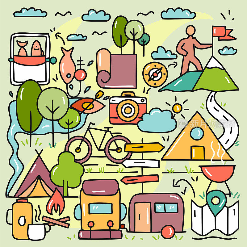 可爱的涂鸦插图与露营和户外活动手绘彩色符号。