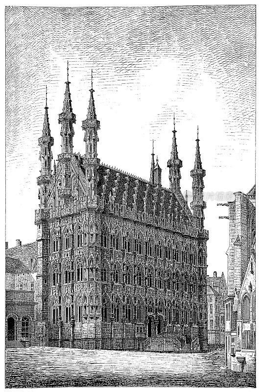 比利时鲁汶市市政厅是该市大市场广场上的标志性建筑，对面是1448年至1469年间布拉班廷晚期哥特式风格的圣彼得教堂